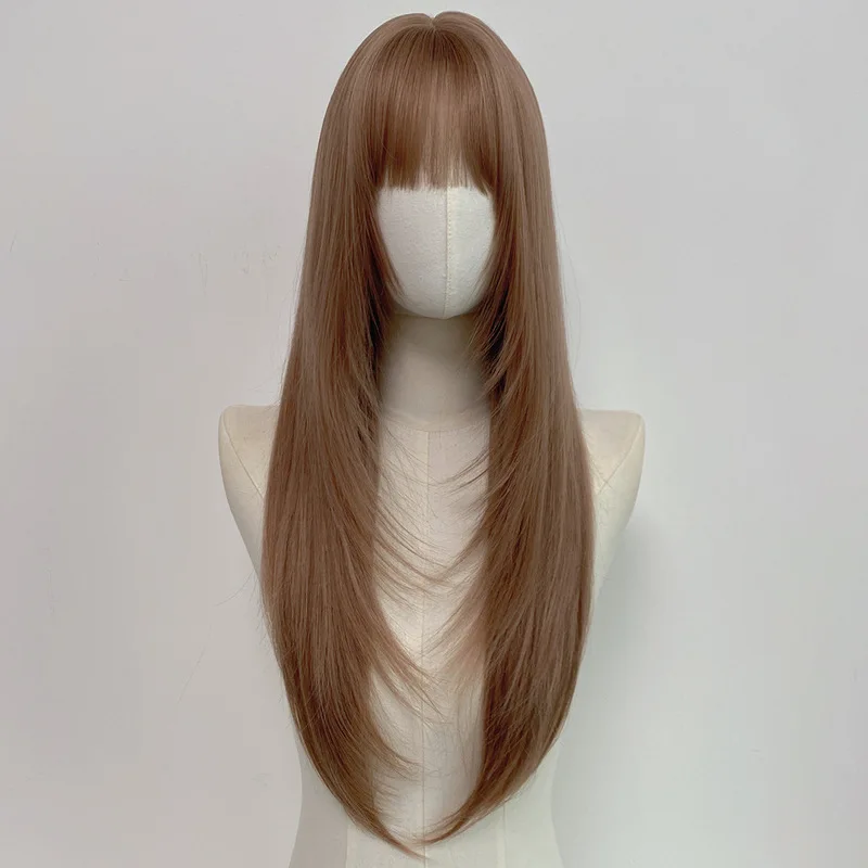 European and American matte high-temperature silk wig, long straight hair with bangs, 28 inches, layered full headpiece for wome