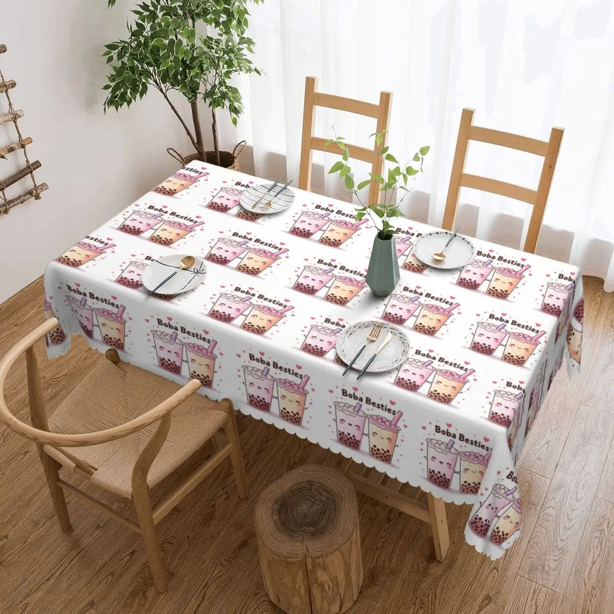 Boba Besties Cute Kawaii Bubble Tea Tablecloth Restaurant Kitchen Rectangular Tablecloth Festival Decorations Dining Table Cover