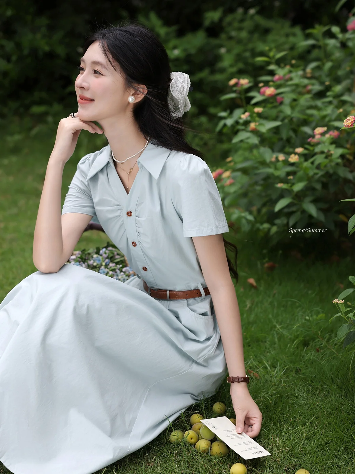 Ele Sweet Waist ort Sve Dr 女性用サマーロングスカート Aラインシルエット Vネック 花柄プリント カジュアルシックファッション