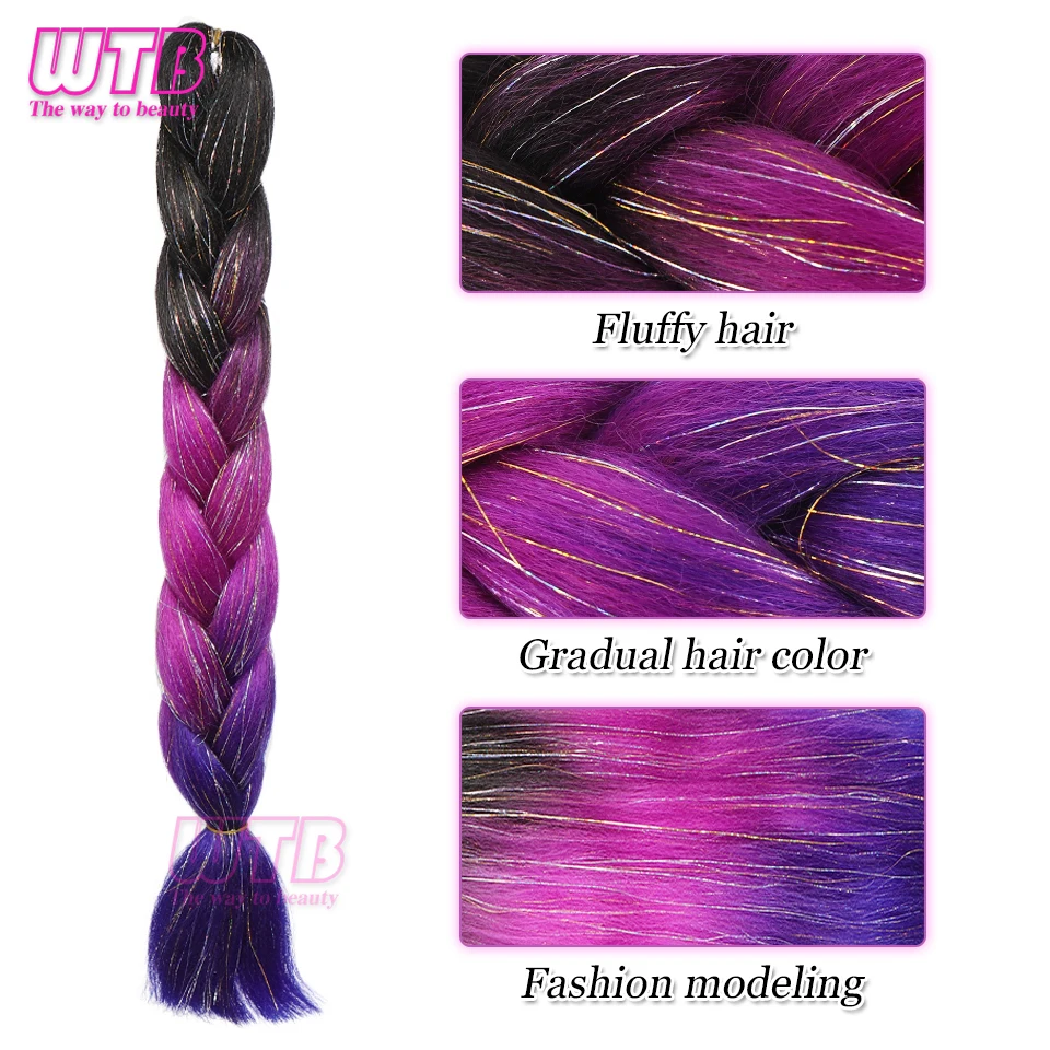 Extensiones de cabello trenzado preestirado, Pelo trenzado de ganchillo degradado, color negro, morado y azul