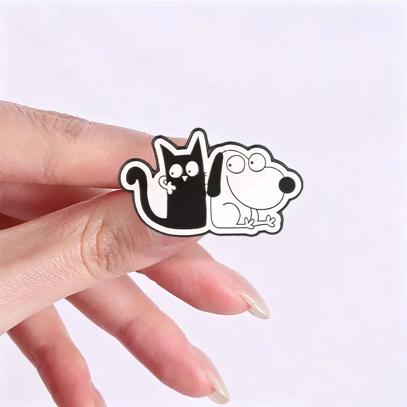 Creative White Dog Black Cat Brooch Pins Cute Simple Line Drawing Enamel Lapel Pin Corsage Accessory On Backpack Clothing Orname