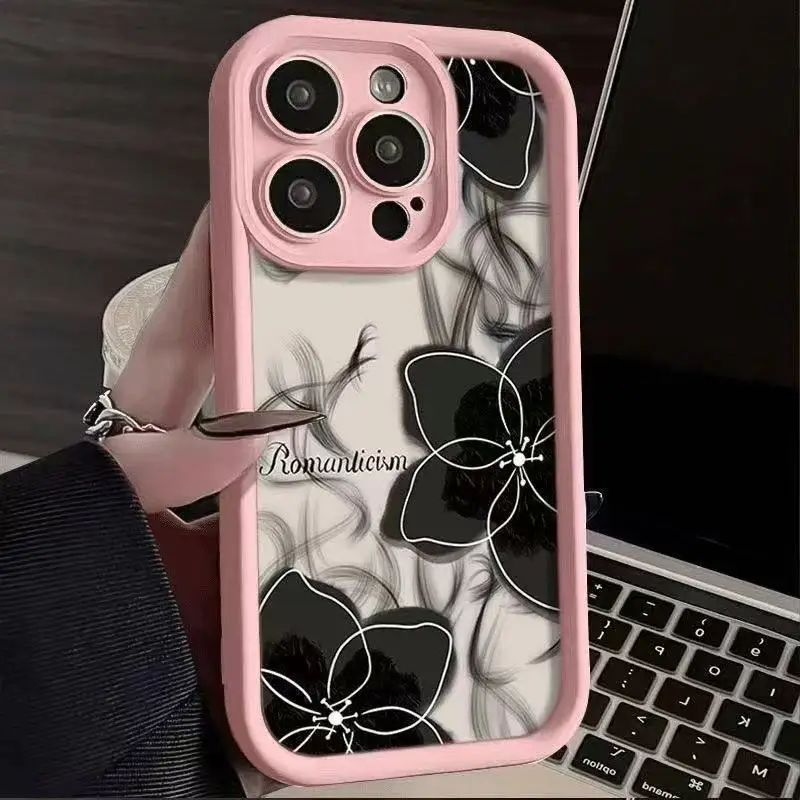 

Black and white ink flower suitable for Apple 17 Pro Max phone case iPhone 16 Japanese and Korean Ins15 14 13