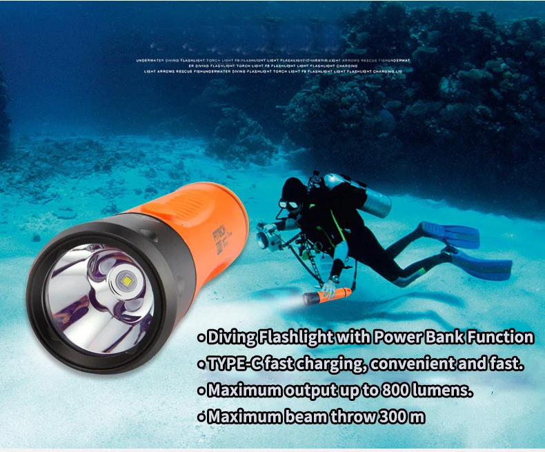 FITECH F8 Professional Scuba Diving Flashlight USB Type-C Rechargeable 800 Lumens LED Power Bank Function Torch With Gift BOX