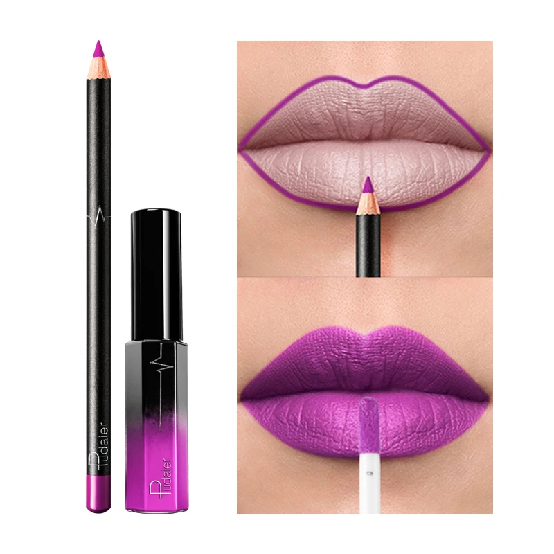 2PCS Matte Lip Gloss + Lip Liner Pen Set 36 Colors Waterproof Long Lasting Purple Red Lip Tint Sexy Waterproof Makeup Cosmetics