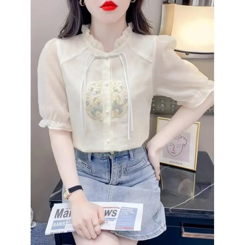 Nationalen Stil Bestickt Kurzarm Shirt frauen Sommer Neue Mode Elegante Slim Fit Neue Chinesischen Stil Top