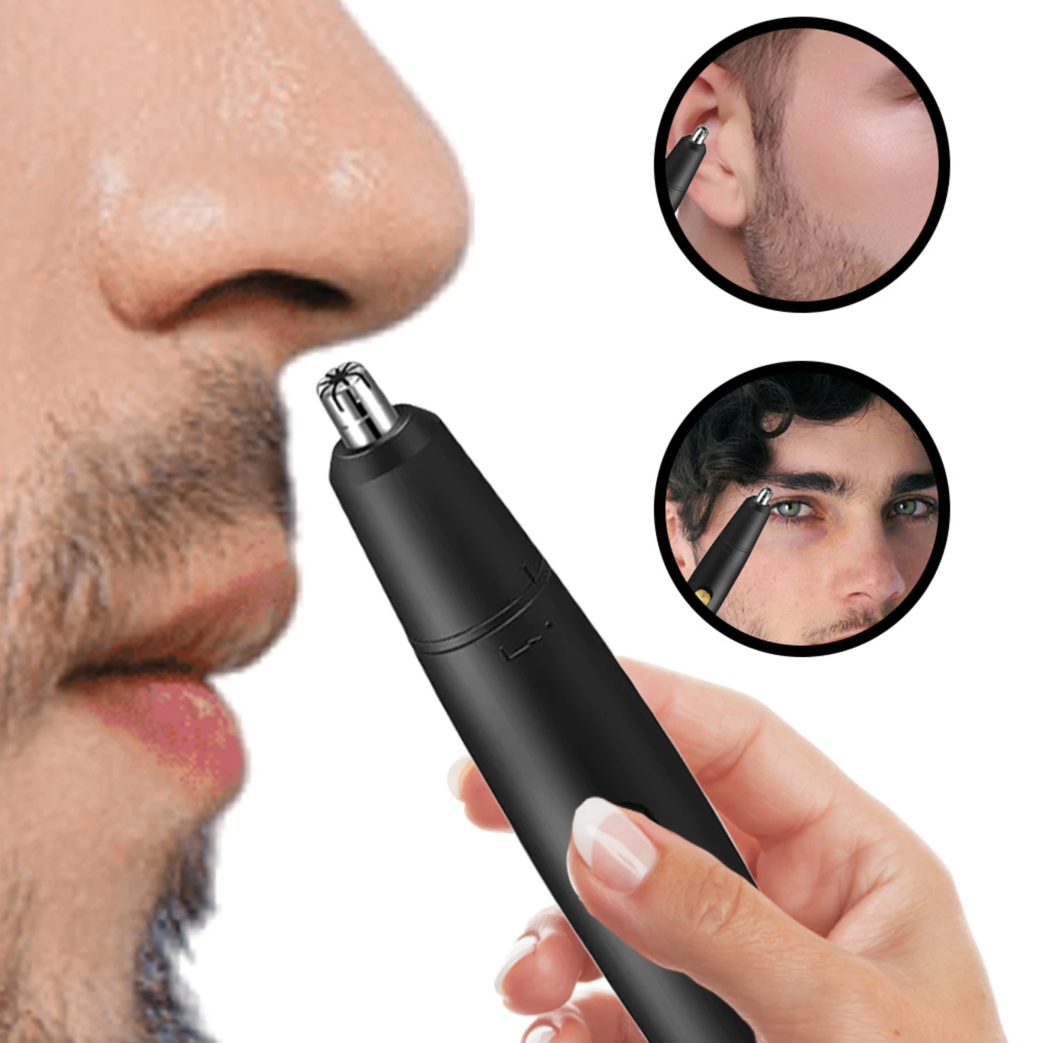 High-quality, efficient and gentle portable black USB rechargeable mini nose hair trimmer for men. Easily and cleanly remove unw