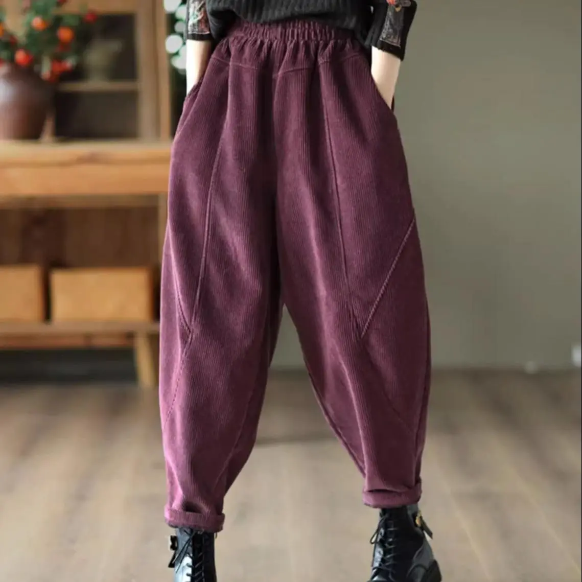 Literary Pure Cotton Corduroy Casual Pants Women\'s Autumn 2023 New Stitched Harem Pants Loose Vintage Versatile Pants