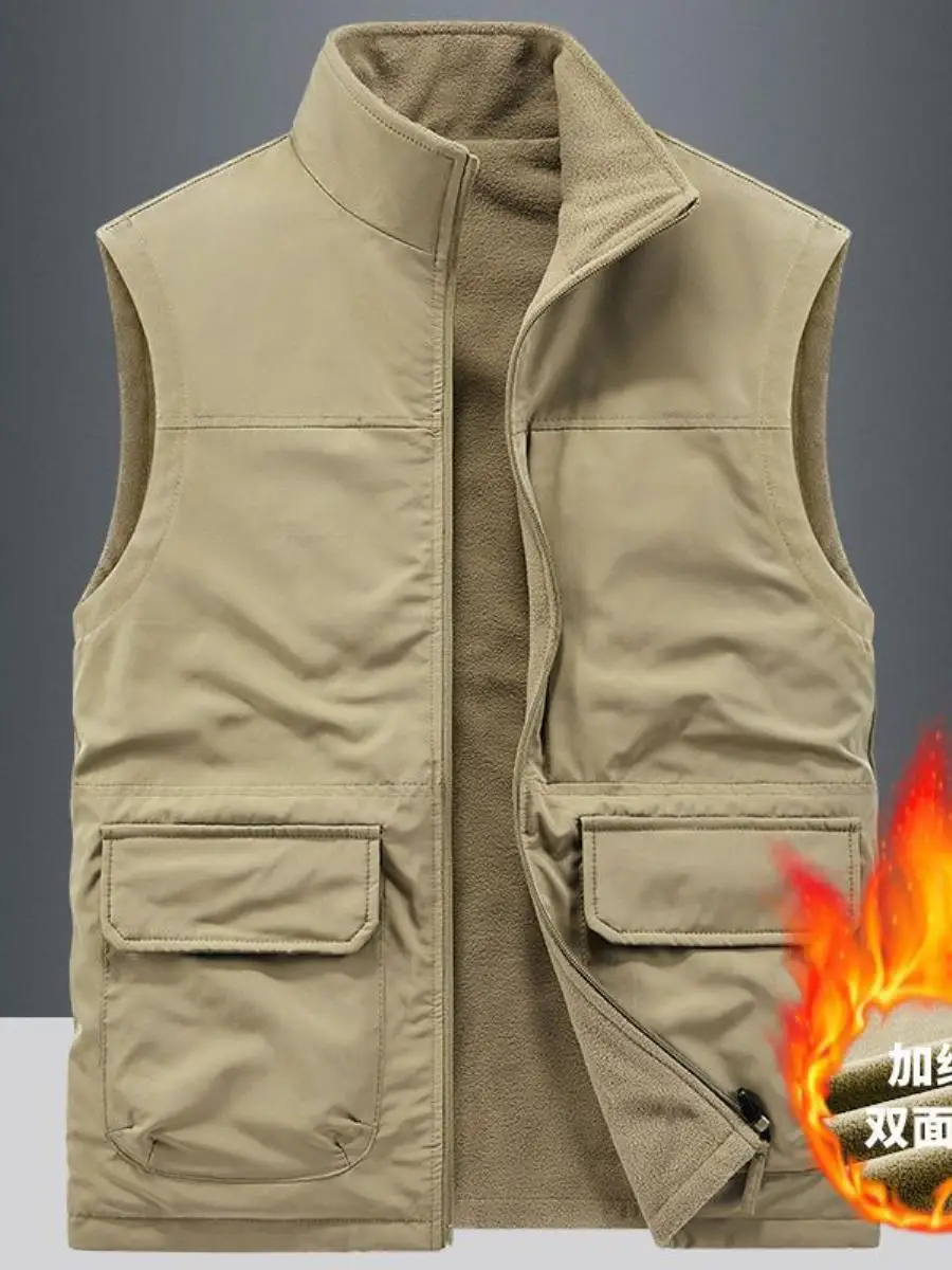 

Мужской двусторонний жилет с флисовой подкладкой для работы на открытом воздухе, с карманами, воротником-стойкой, утепленный, осенне-зимний