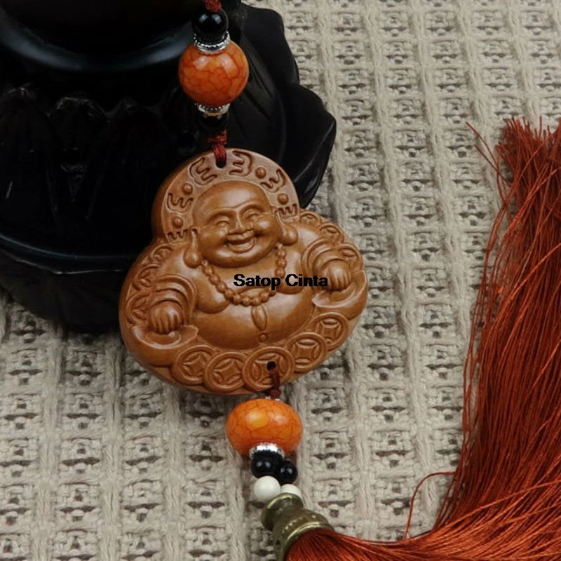 Maitreya Car Pendant Chinese Traditional Style Wood Ingot Buddha Peach Carving Craft Gifts Absorb Blessing Car Hanging Ornaments