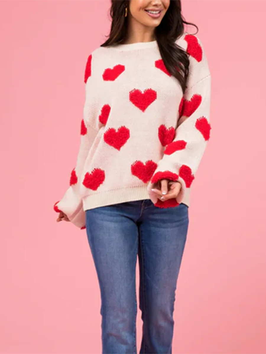 Women s Cozy Heart Print Sweater with Relaxed Fit Crew Neck Drop Shoulder and Long Sleeves - Perfect for Casual Street Style