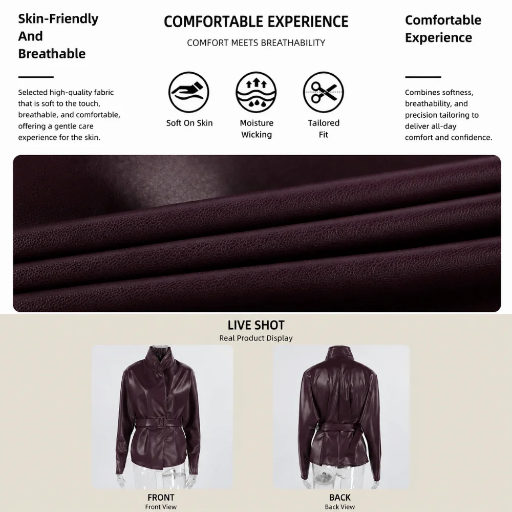 Vintage Leather Jacket Garment Tie Waist Frame Mid Length Cut Women Fashion Top Cool Street Style Stand Collar Waist Tie Outfit