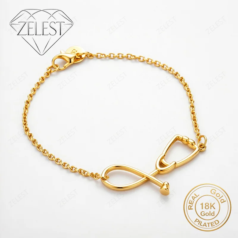 

925 Sterling Silver 18K Gold Plated 8 Inch Exquisite Stethoscope Bracelet for Women Fashion Wedding Party Gifts Jewelry