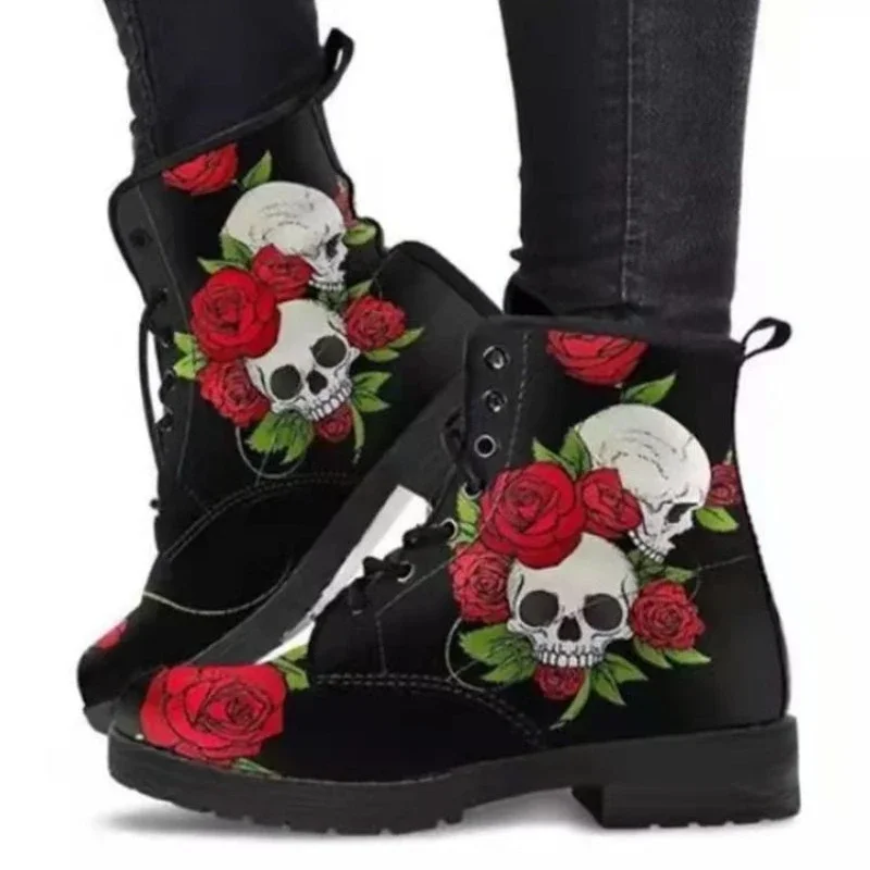 Large size women's boots with fashionable and comfortable print, spring and autumn high top skull pattern for women's boots