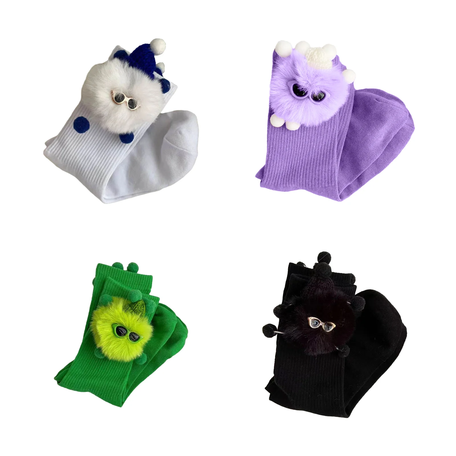 Colorful cute furball elf doll mid-calf socks set (1 pair each of white/purple/green/black)