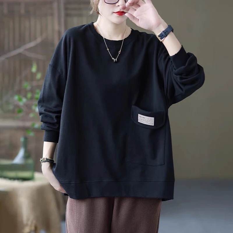 Puur katoenen lang Sve-sweatshirt Casual ronde Ne-pullover Lente Herfst Faionable Veelzijdige losse top voor dames