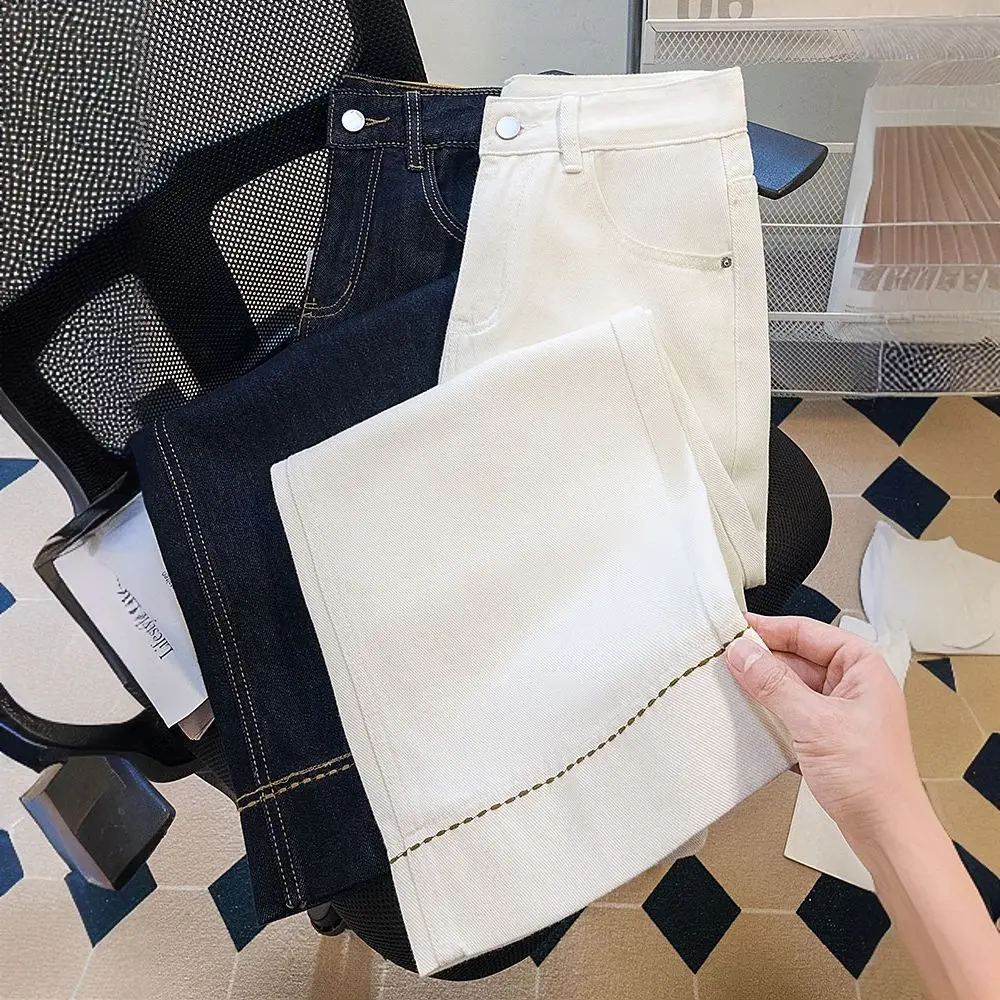 Women Denim Solid Jeans Casual Pant Button Zipper Fly Empire Waist Ankle Length Flare Pants Slight Strech Loose Y2k 2025 Spring