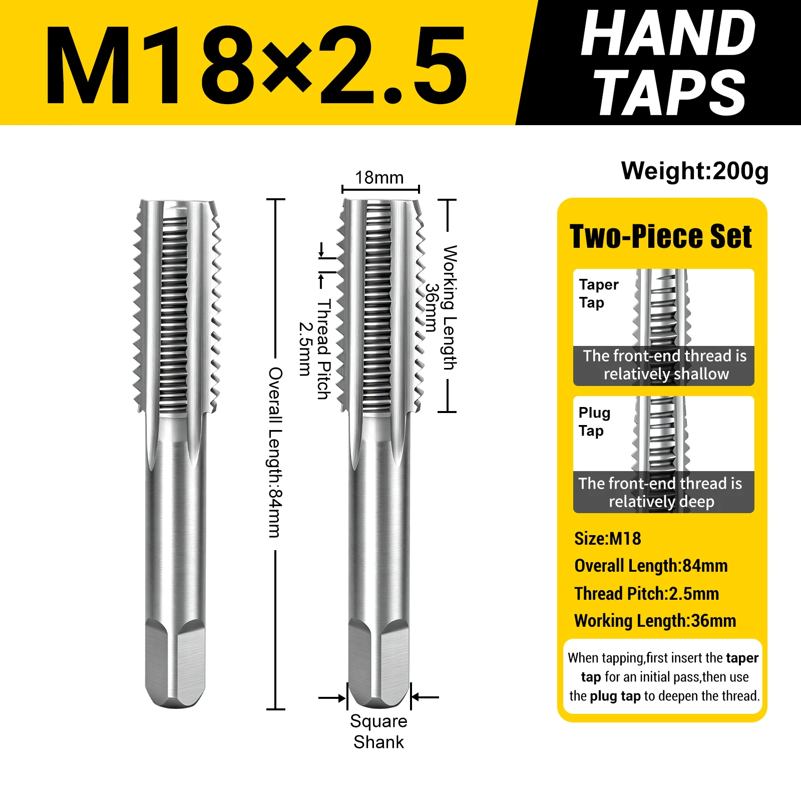 M3-M24 metrische handtaps, set van 2 stuks, conische plugtaps, HSS4241, taps met rechte snijgroef voor het maken van binnendraad in metaal, geschikt voor gelegeerd staal.