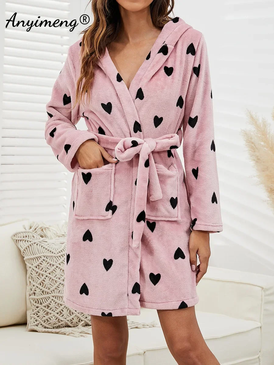 Winter Warm Womens Flannel Robes Casual Long Sleeves Kimono Hoodies Nightwear Leisure Soft Velvet Lingeries Chic Belted Bathrobe