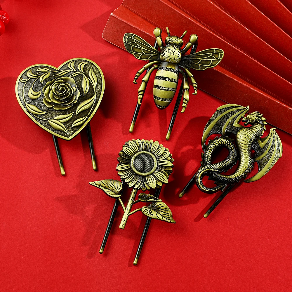 1pc Dragon King Bee King Sunflower Rose Metal Bookends for Book Lovers Collection, High Value Metal Book Pages for Family Friend