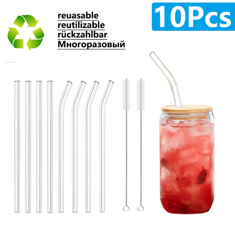 1/2/4/8/10Pcs Reusable Drinking Straw Glass Straws Eco-friendly High Borosilicate Glass Straw Glass Tube Party Bar Drinkware