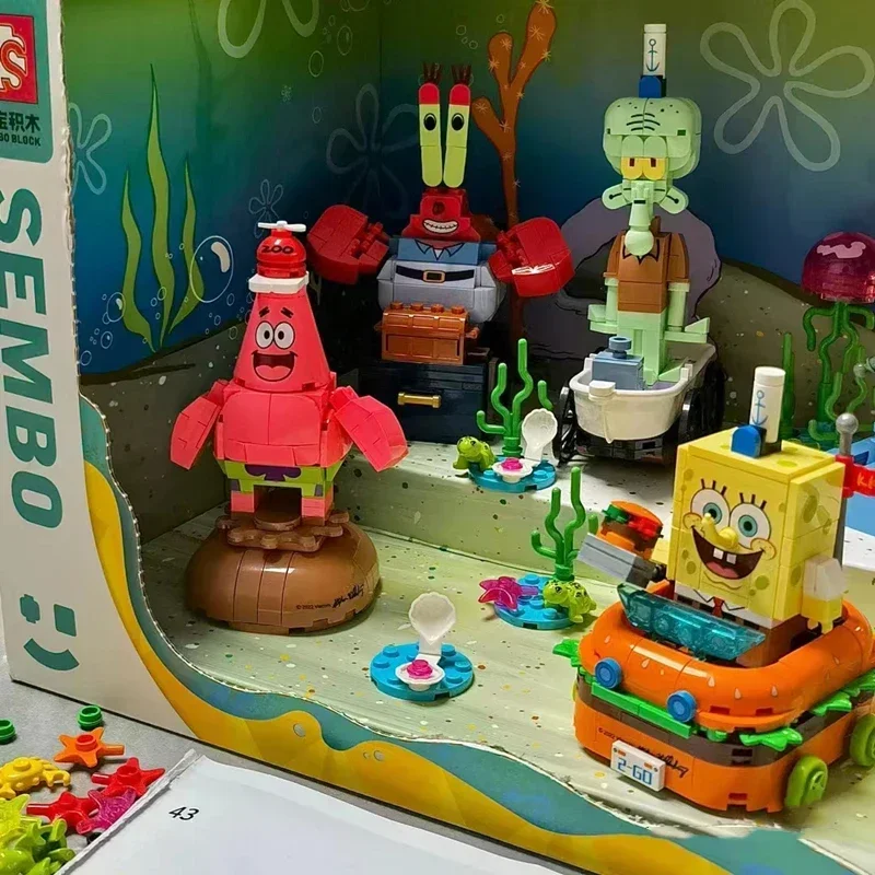 SEMBO BLOCK Spongebob series family portrait children's toys Patrick Star Sheldon J. Plankton model Kawaii Christmas gift