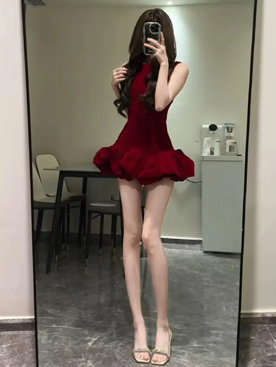 Spring New Arrival High Waist Puffy Short Skirt Vest Dress Red Color Sleeveless Women's Fashion Commute Style Pure Color A-Li...