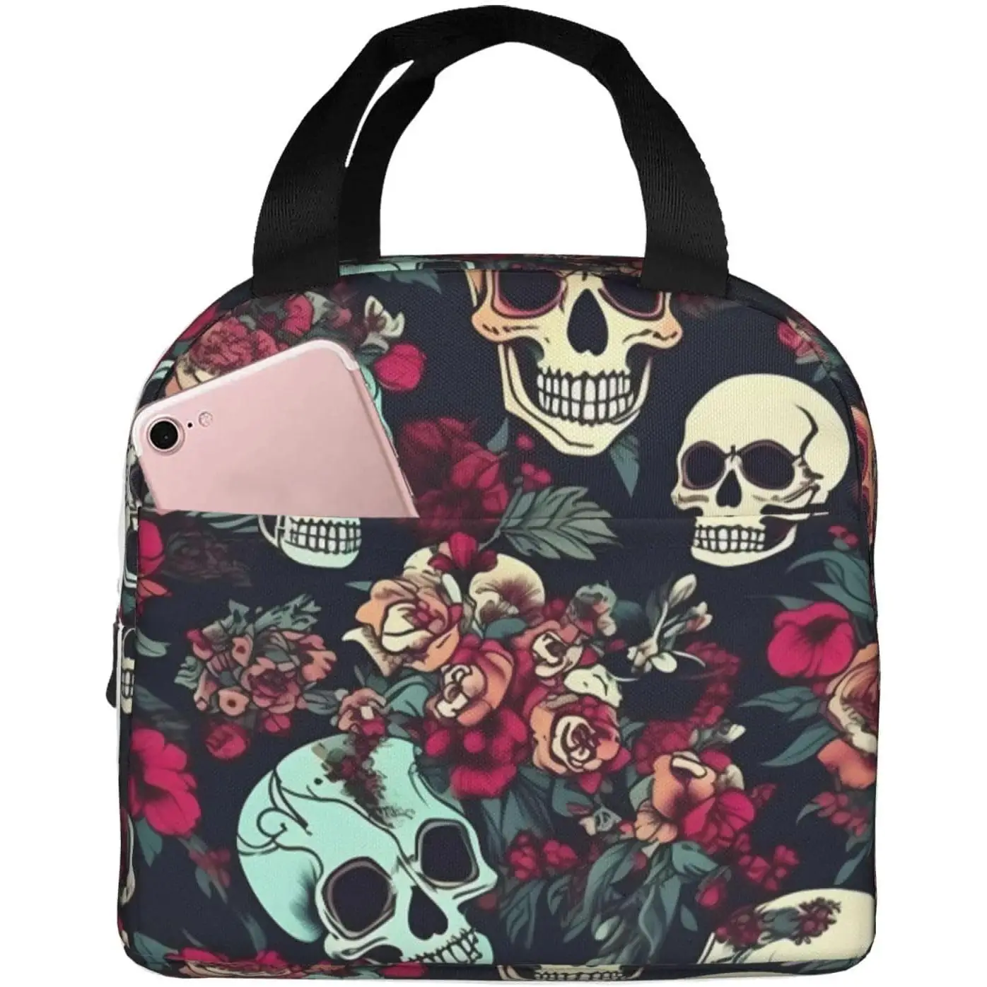 Bolsa de almuerzo con aislamiento con estampado de calaveras florales coloridas, fiambrera reutilizable con bolsillo frontal para trabajo y contenedor de Picnic impermeable