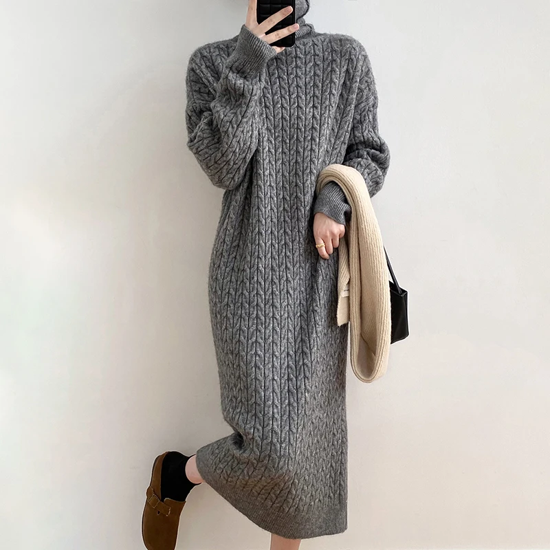 

Осенне-зимние женские длинные платья, свитер из 100% мериносовой шерсти, толстая водолазка, пуловер, ленивый повседневный свободный витой трикотаж, одежда