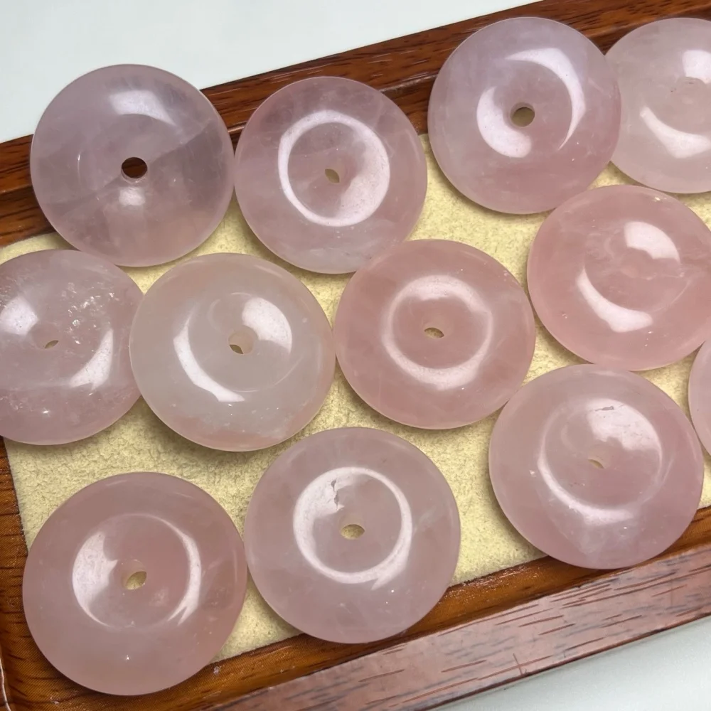 6PCS Natural Rose Quartz Jade Donut Carving Pendant Crystal Carving Children Cute Jewelry Healing Holiday Gift 30MM