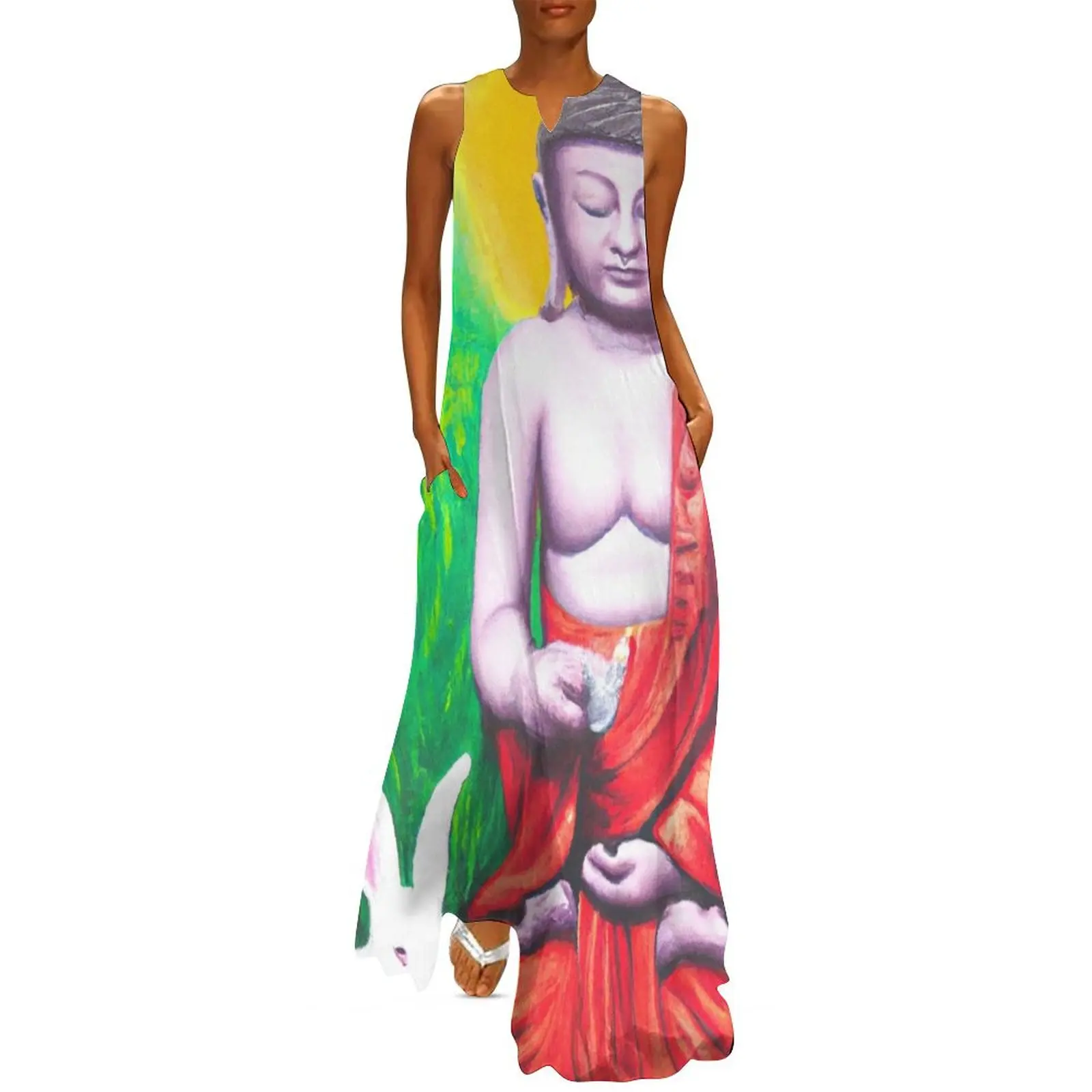 Buddha Meditating With A White Rabbit Long Dress dresses summer womens dress