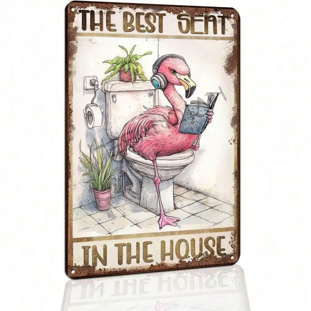Vintage Metal Flamingo Wall Art – Funny Tin Sign, Coastal Home, Rustic Beach House, Bar Garage Restroom
