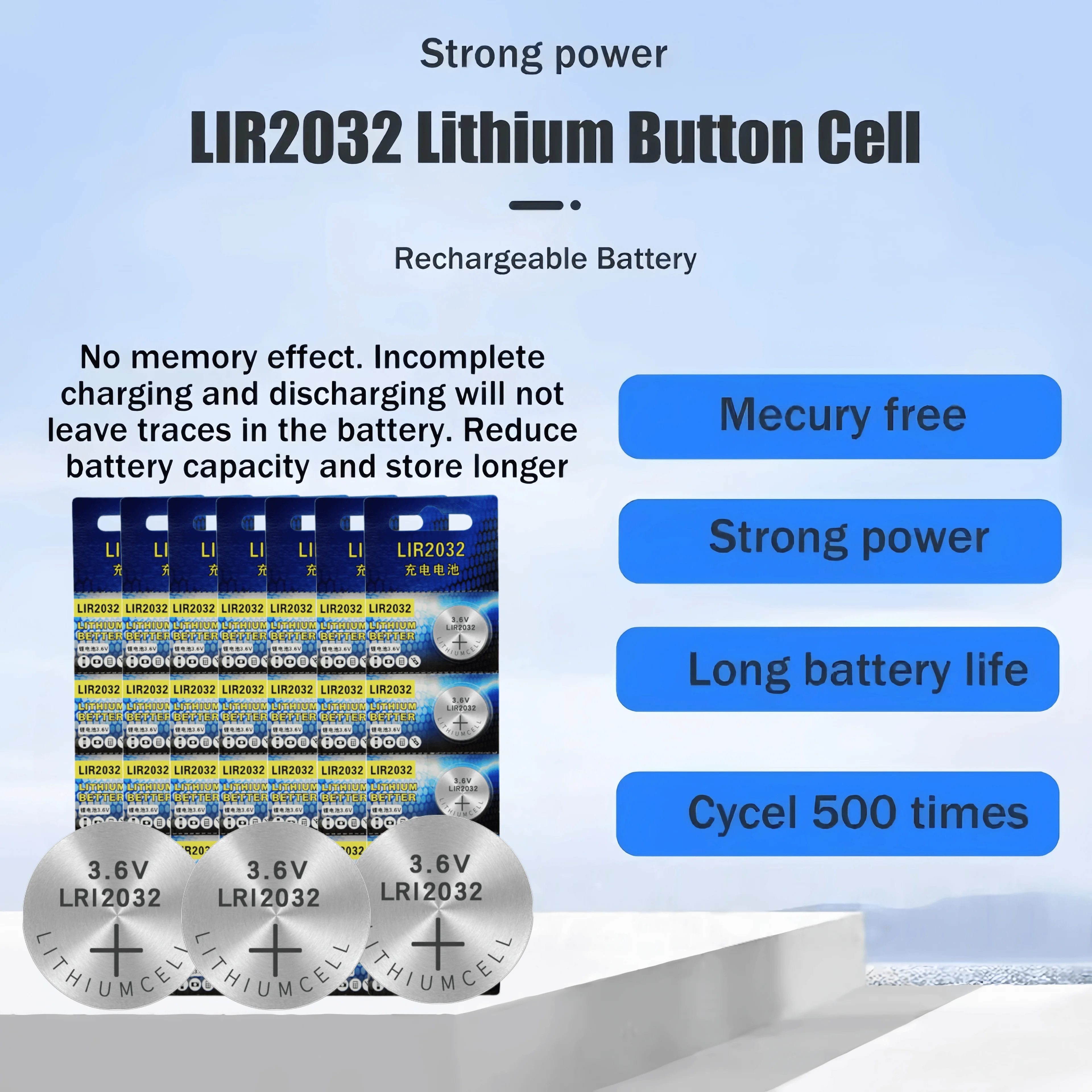 

Rechargeable LIR2032 3.6V 40mAh Lithium Ion Coin Cell Battery for Watches, Calculators, Toys - Replacement for CR2032