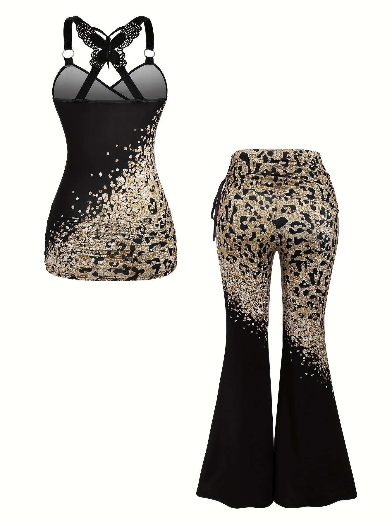 European and American fashion new leopard print butterfly lace cross vest and wide-leg trousers two-piece suit