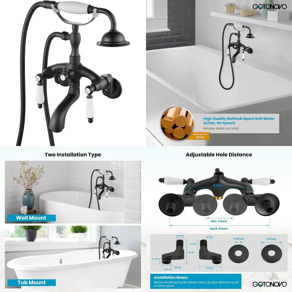 

Matte Black Clawfoot Bathtub with Shower Faucet and Hand Sprayer, Wall Mount Bronze Ceramics, Double Handle Shower System