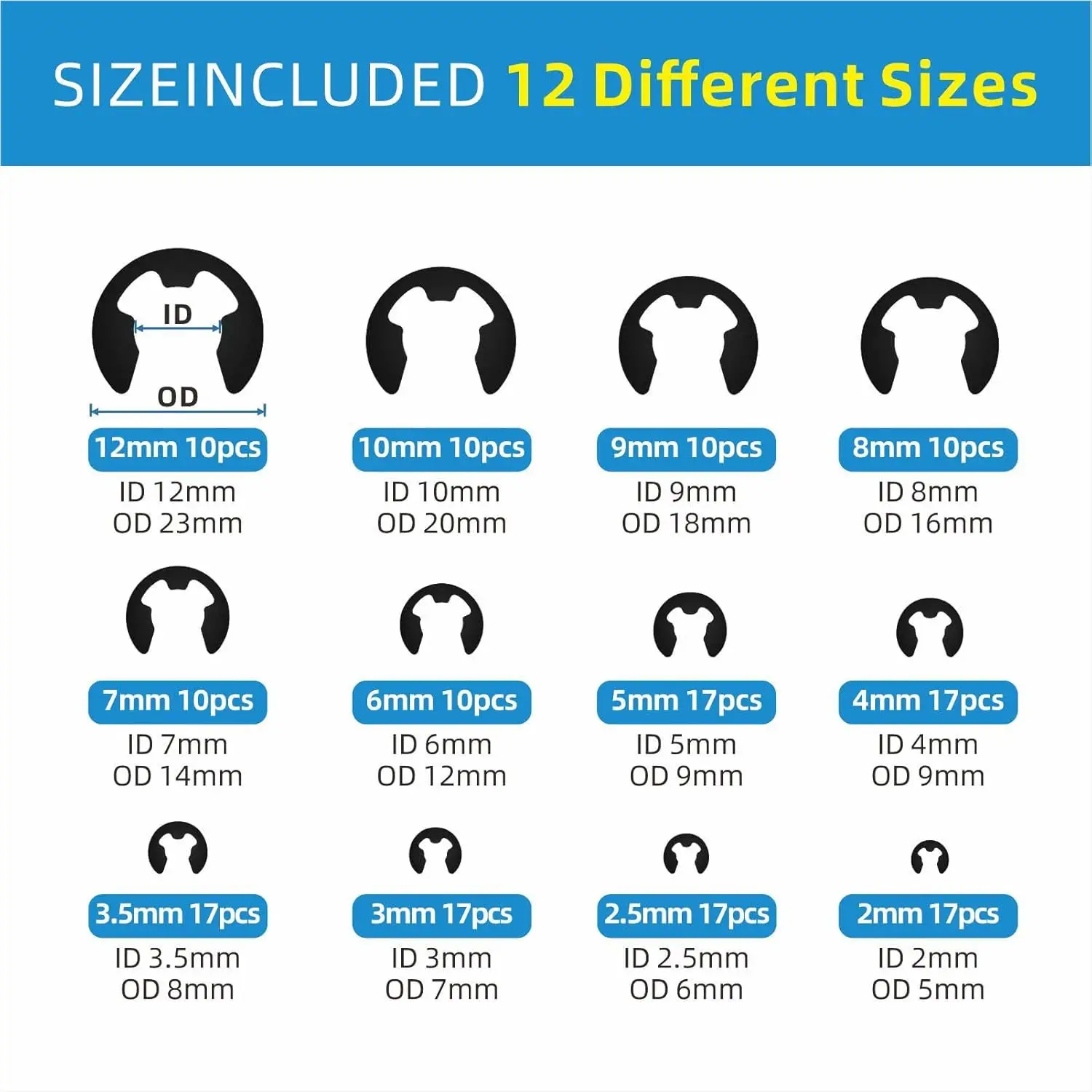 324Pcs E Shape C Shape Circlip Retaining Ring Clamp Set Shaft Snap Ring Carbon Steel 24 Sizes Assortment