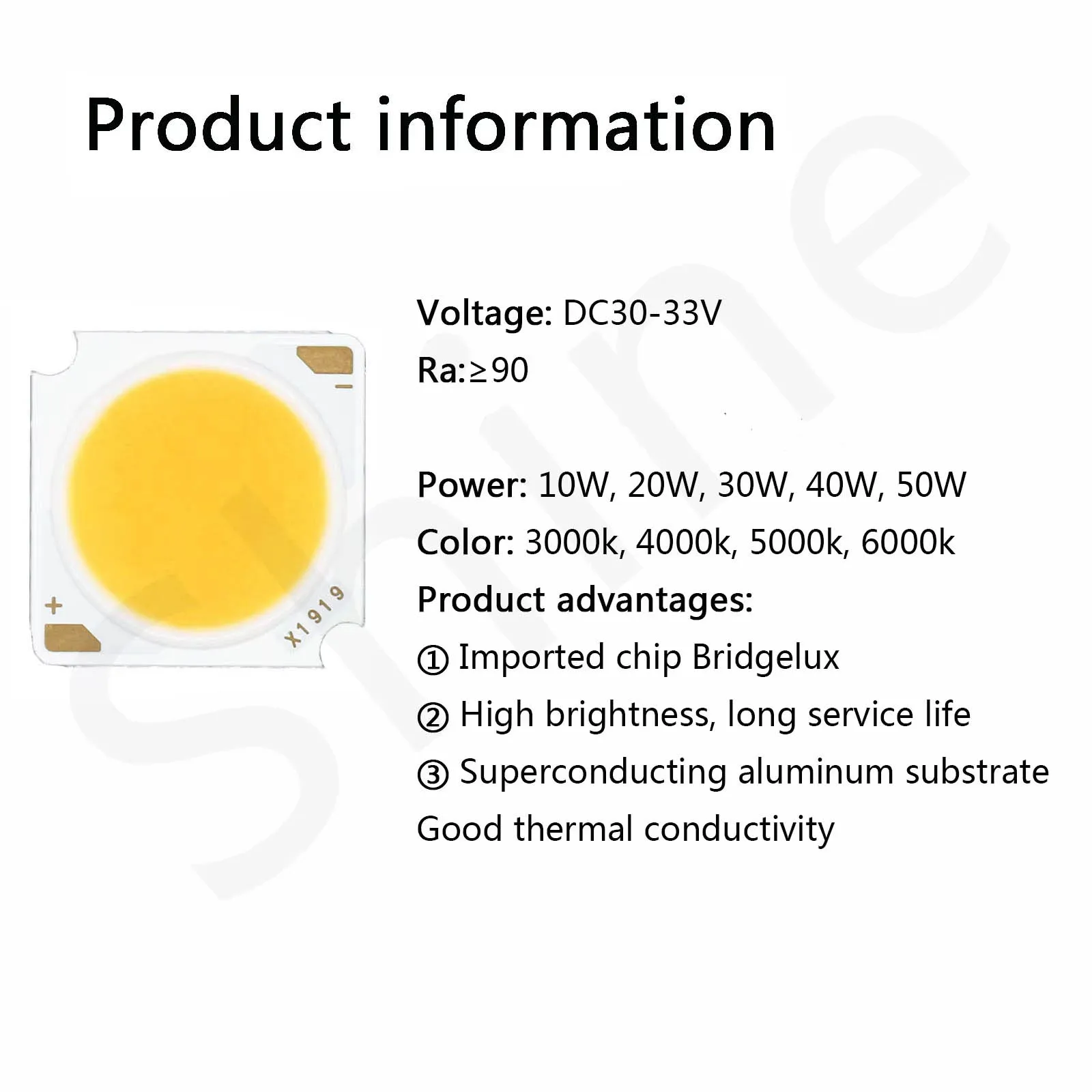 5 peças 10w 20 30 40 50 chip bridgelux led cob diodo emissor de luz cri≥90 contas de lâmpada 19mm diy para lâmpada led acessórios de holofote