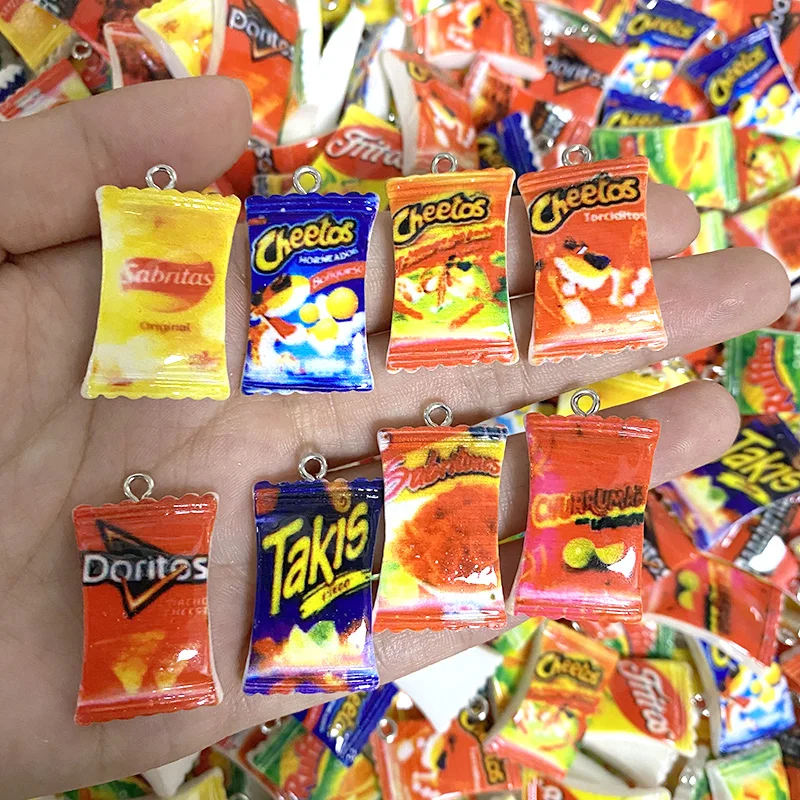 100pcs 30x18mm Potato Chip Snack Bag Resin Charms Funny Food Pendants For Necklace Keychain Earring Charm Jewelry Make