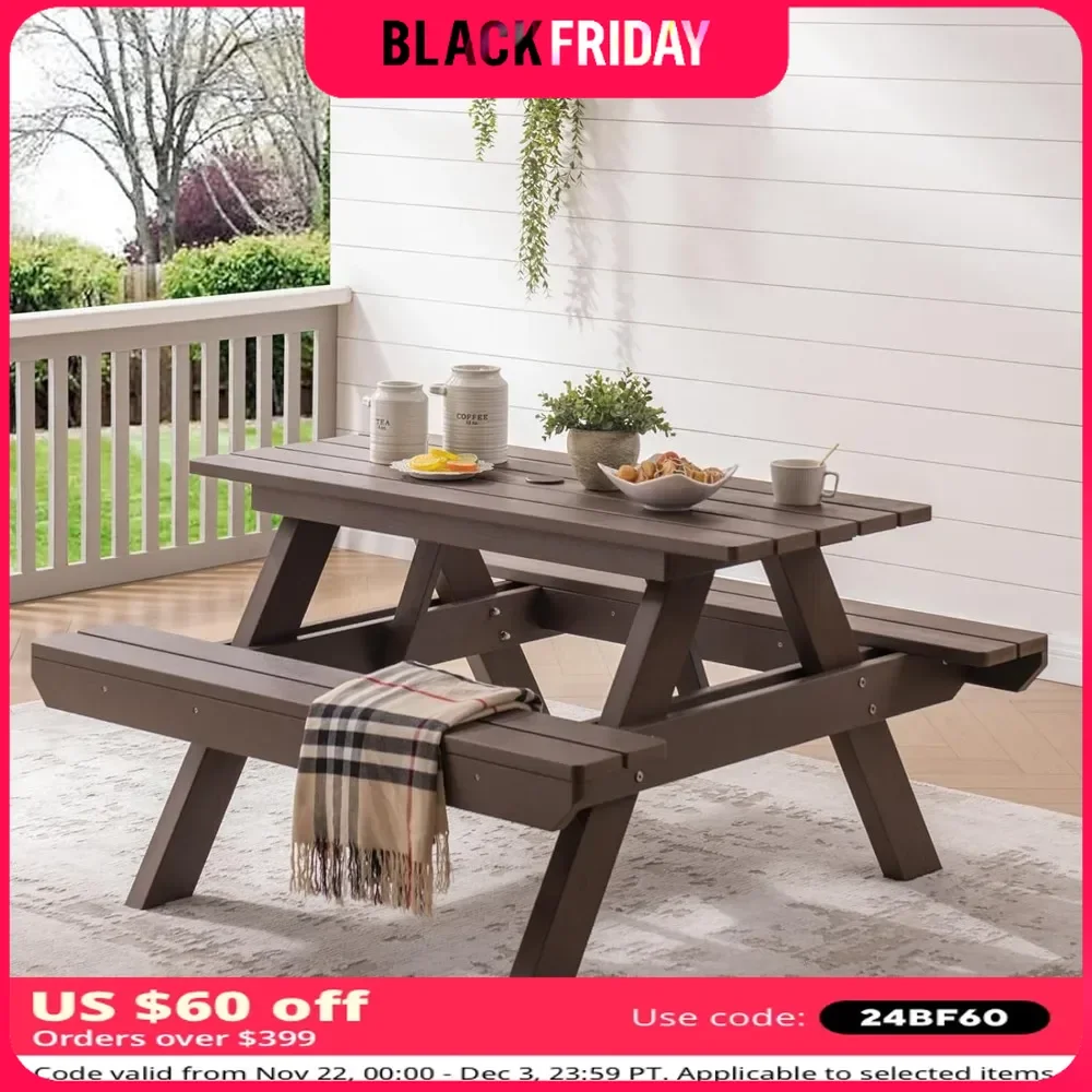 Outdoor Table with Round, Picnic Table & Bench Set with Umbrella Hole, Weather Resistant, 500LBS, Outdoor Tables