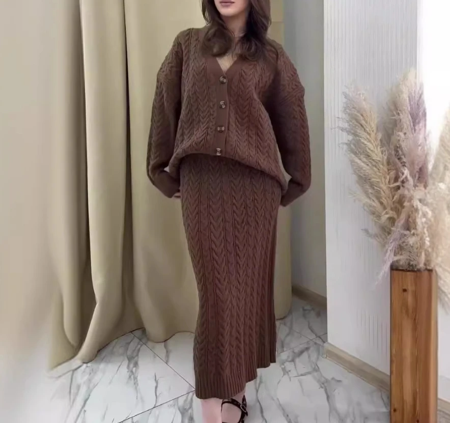 

Elegant two piece set for women solid color knitted V-neck cardigan button loose sweater casual lazy daily urban long skirt set