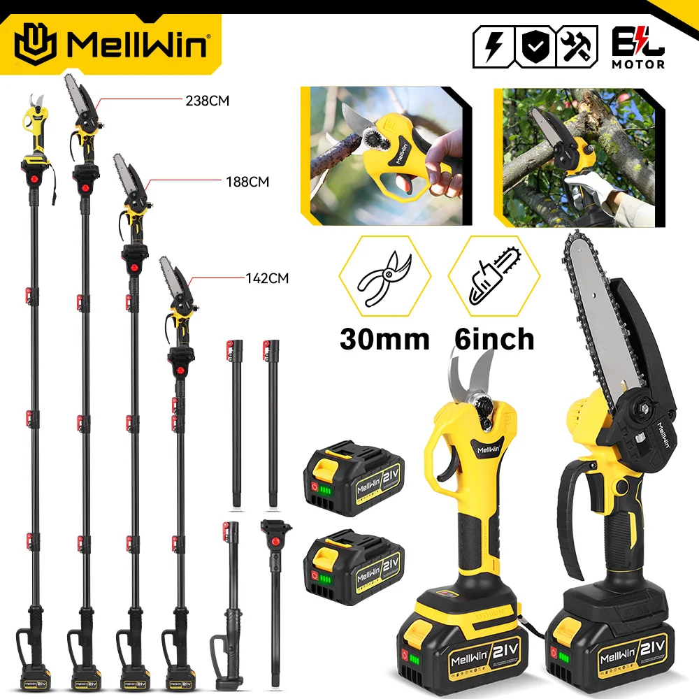 MELLWIN Set di attrezzi da giardinaggio con motosega a catena da 6 pollici e cesoie da potatura da 30 mm, con asta telescopica 3 in 1 e motore brushless, compatibile con batteria Makita 18V