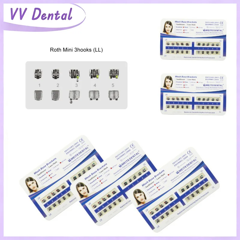 

VV 5 Set Dental Orthodontic Metal Brackets Mesh Base Braces MIM Monoblock Mini Standard Roth MBT 022 Slot 345 20pcs per Pack