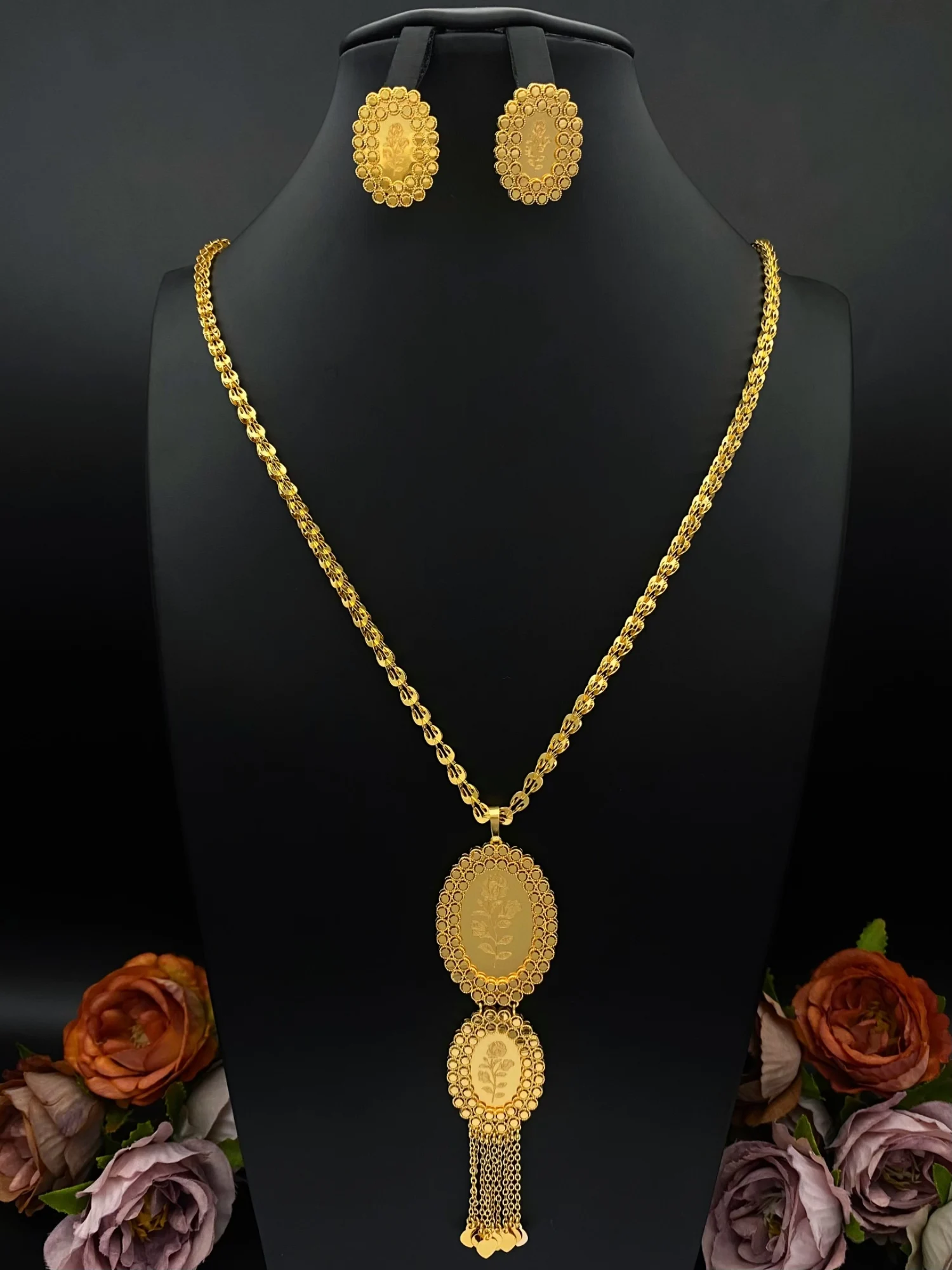 

Высококачественный комплект ювелирных изделий в Дубае Falair — позолота 21 карат — длинная цепочка + серьги — для арабской исламской свадьбы