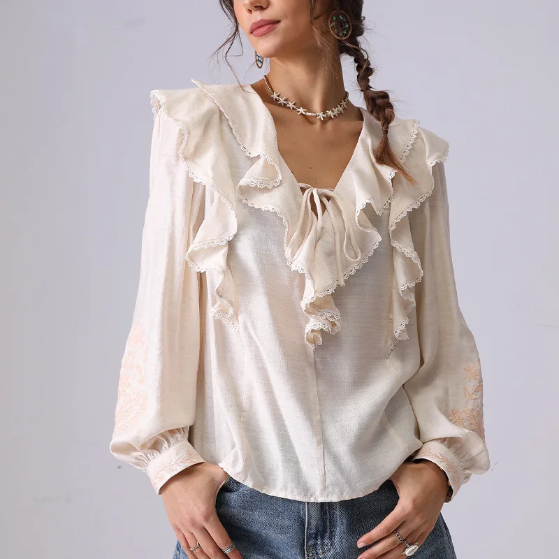 

Elegant French Style Shirt Blouses Women Floral Embroidery Spring Autumn Long Sleeve V-neck Tie Ruffle Vocation Ladies Tops New