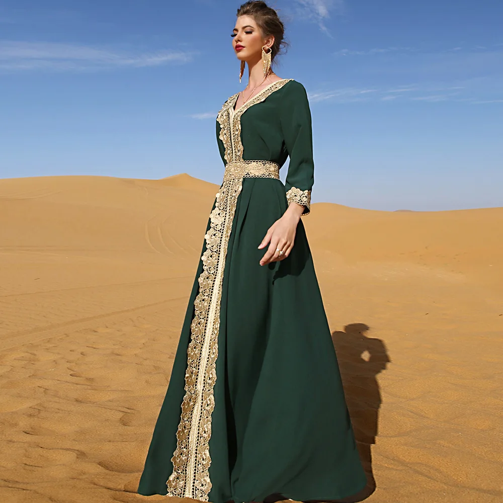 Koronkowy haft muzułmanki elegancka długa suknia suknia wieczorowa etniczne turcja dubaj pakistanu Kaftan Abaya arabski suknia w stylu Maxi Ramadan