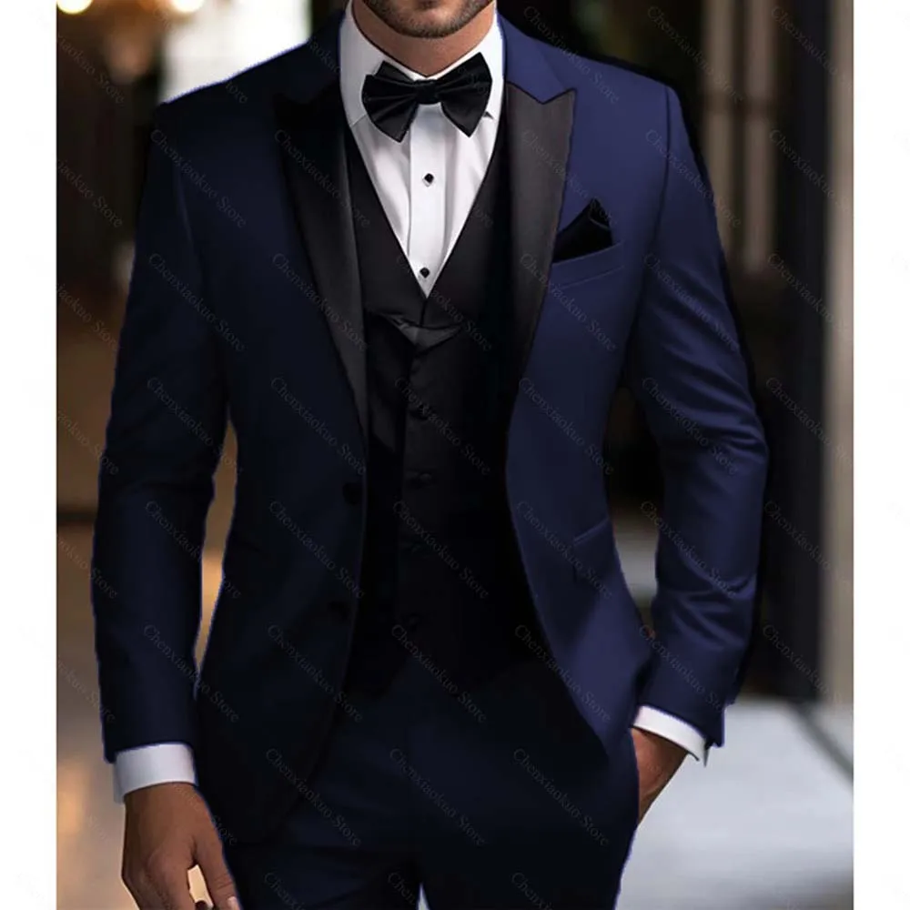 Men Suits 3 Piece Elegant Peak Lapel Single Breasted Tuxedo Slim Groom Wedding Party Formal Male Suit (Blazer+Vest+Pants)