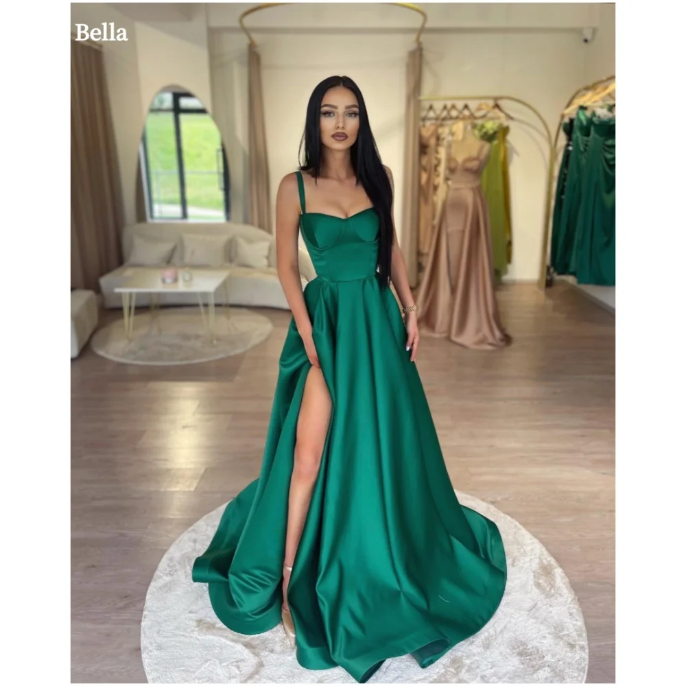 Bella personalizado verde cinta de espaguete fenda lateral robes de soirée vestidos de festa de cetim sem alças até o chão vestido de baile linha a