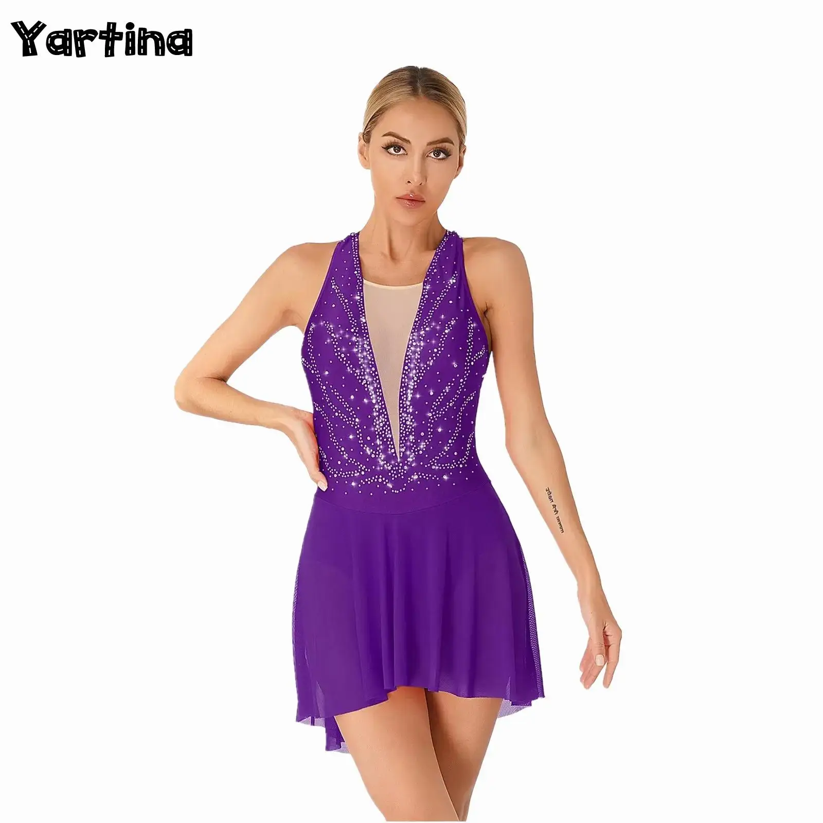 

Женское балетное Lyrical танцевальное платье, блестящее женское гимнастическое трико, костюмы, прозрачный асимметричный подол, костюмы для фигурного катания на коньках