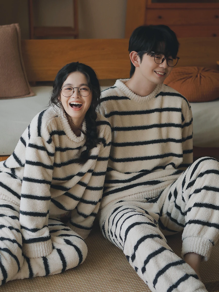 

Японский полосатый комплект домашней одежды для пар, женский, больших размеров, из фланели, утепленный флисом, осенне-зимний