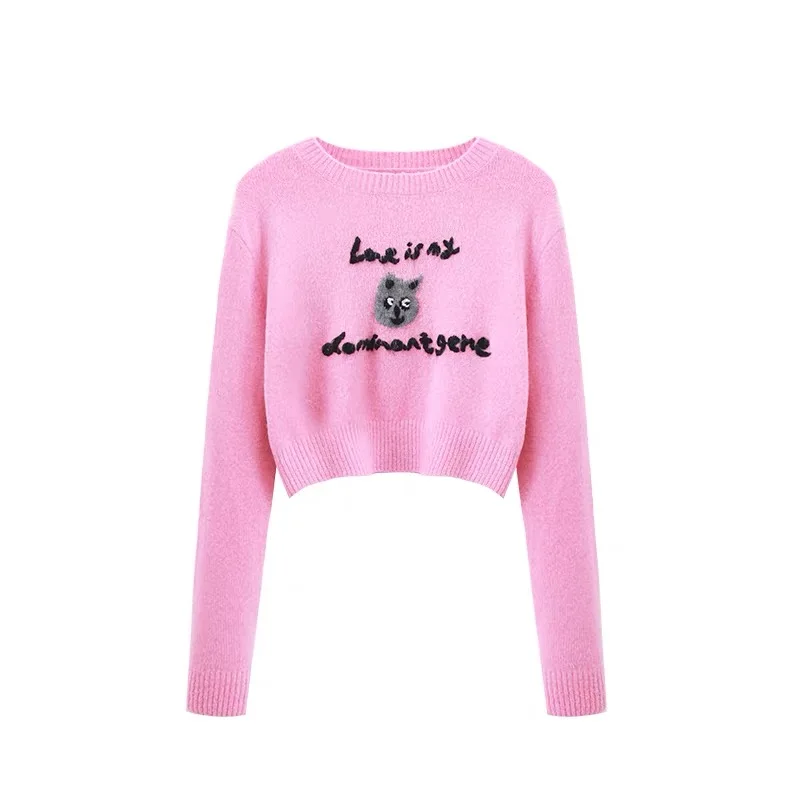 

Casual Letter Embroidery Cat Pink Sweater Women Knitted Pullover Sweet Long Sleeve Tops Ladies Short Sweaters Autumn 2023 New