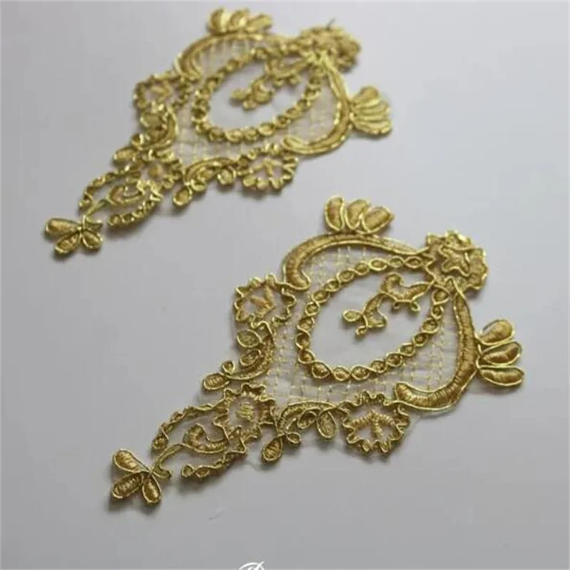 10Pcs Gold Colour Gold Cord Outline Venise Lace Appliques Embroider Patch Wedding Dress Lace Decoration DIY 15X9cm SX383